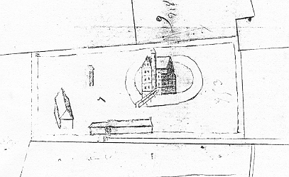 Ter Donck in de 18de eeuw, met omwalling, duiventoren, poorthuis - Detail uit kadastrale kaart van Berchem (R.A.Ronse, inv.530, nr.416)